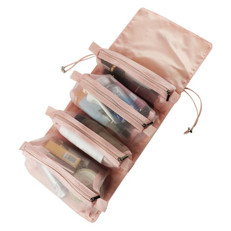 

Знімна нейлонова косметичка великої місткості «Чотири в одному» Портативна складна дорожня косметичка Пензлики для макіяжу Органайзер для зберігання помади Косметичка рожевий