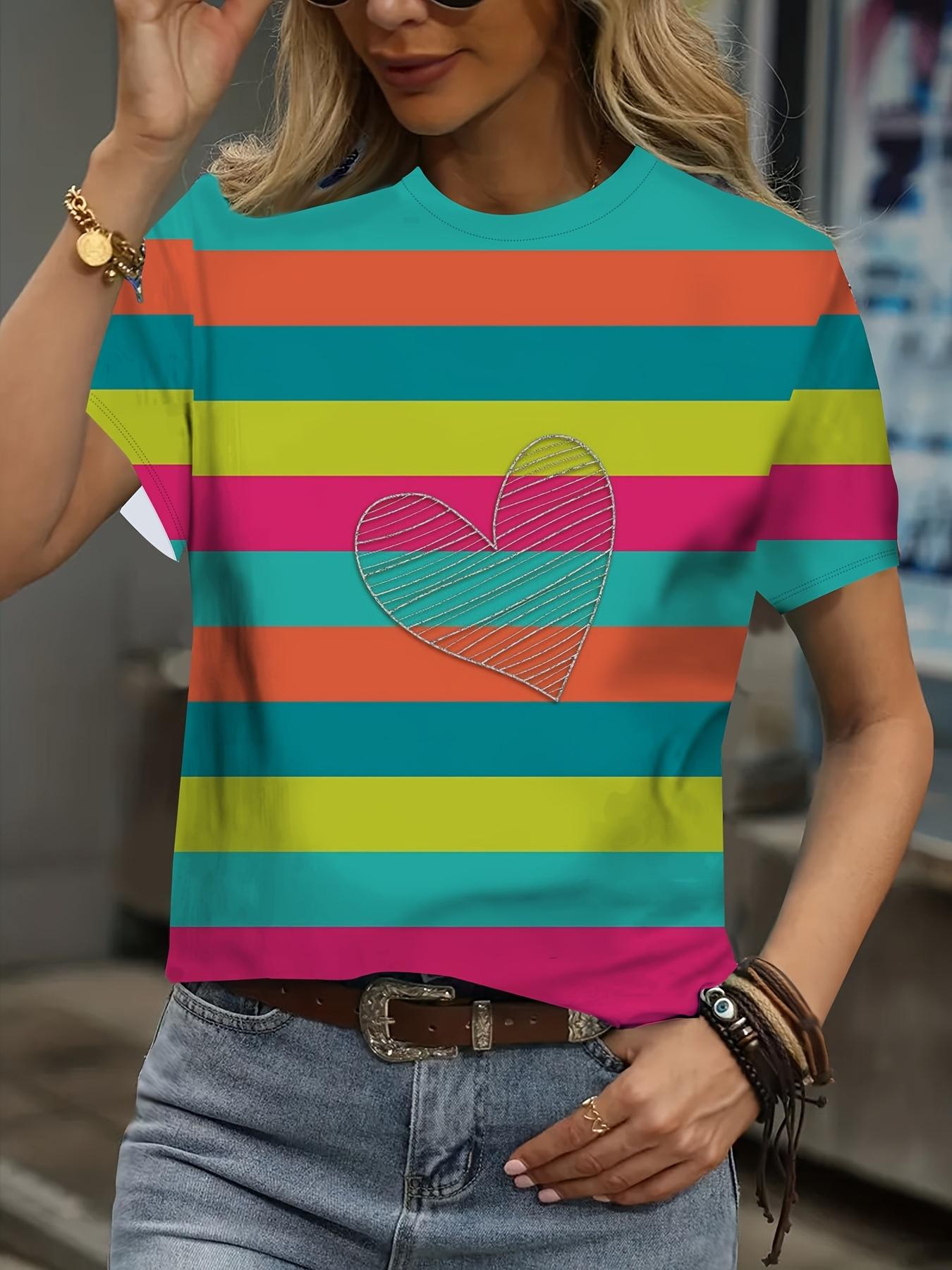 

Elegant, fashionable and retro - Women s round neck pullover T-shirt with striped heart pattern, 5XL