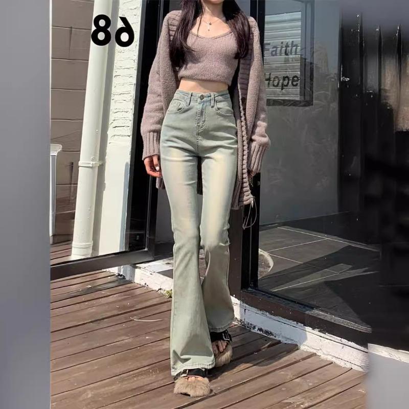 Light Color Retro Washed High Waist Jeans Women s Slim Fit Stretch Micro Flared Floor-Mopping Pants Trendy S жёлтый