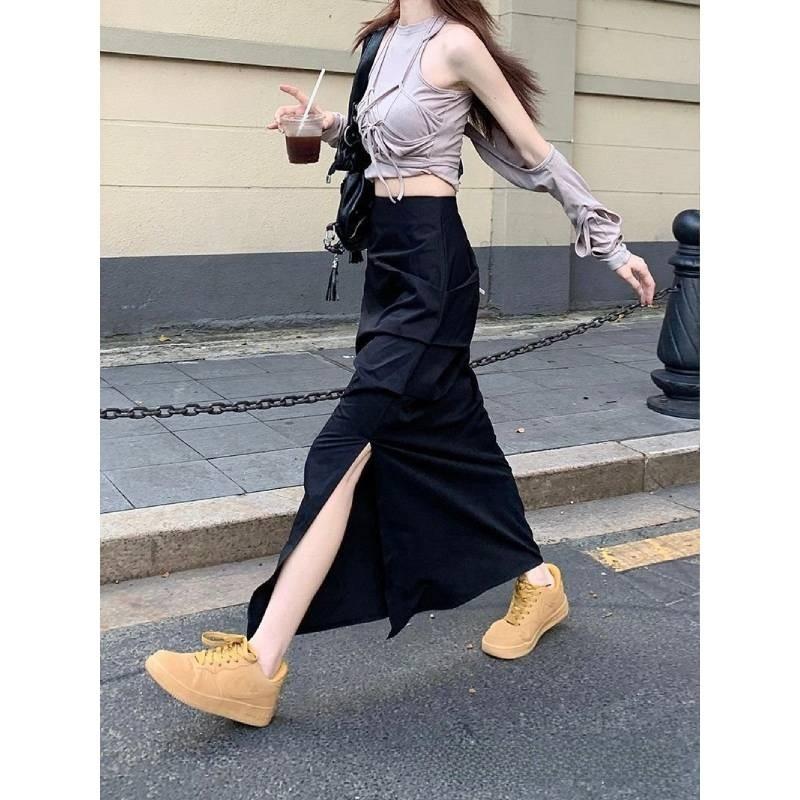 Cotton Blend High Waist Pleated Split Midi Skirt For Women Spring Summer