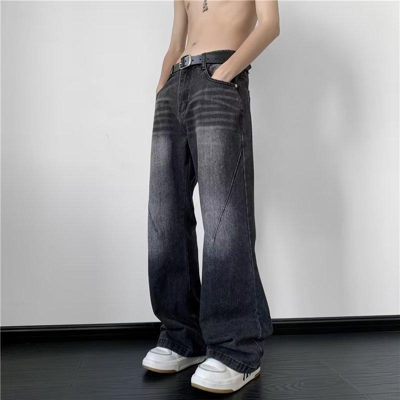 Men's Retro Washed Distressed Flared Wide-Leg Jeans - Trendy Loose Fit for Autumn