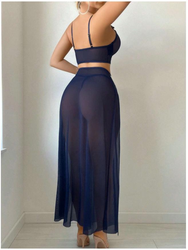 European & American Fishbone Mesh See-Through Underwire Lingerie Set