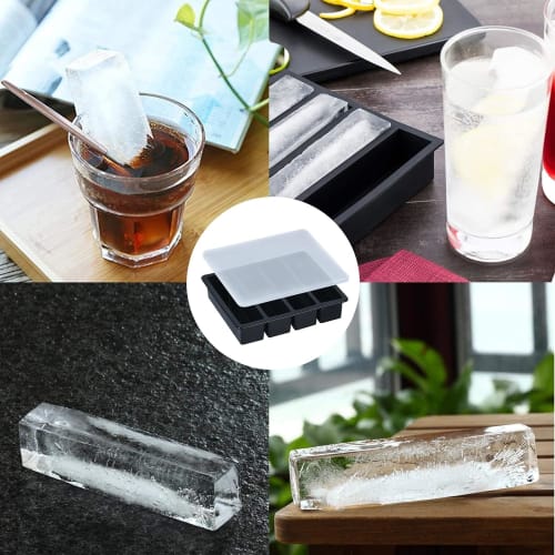 Caoren Silicone Ice Cube Tray, Square Ice Cubes, Large Ice, 13*3.6cm, Rock Ice, Melt-Resistant, with Lid, Easy to Remove (4-Rectangular)