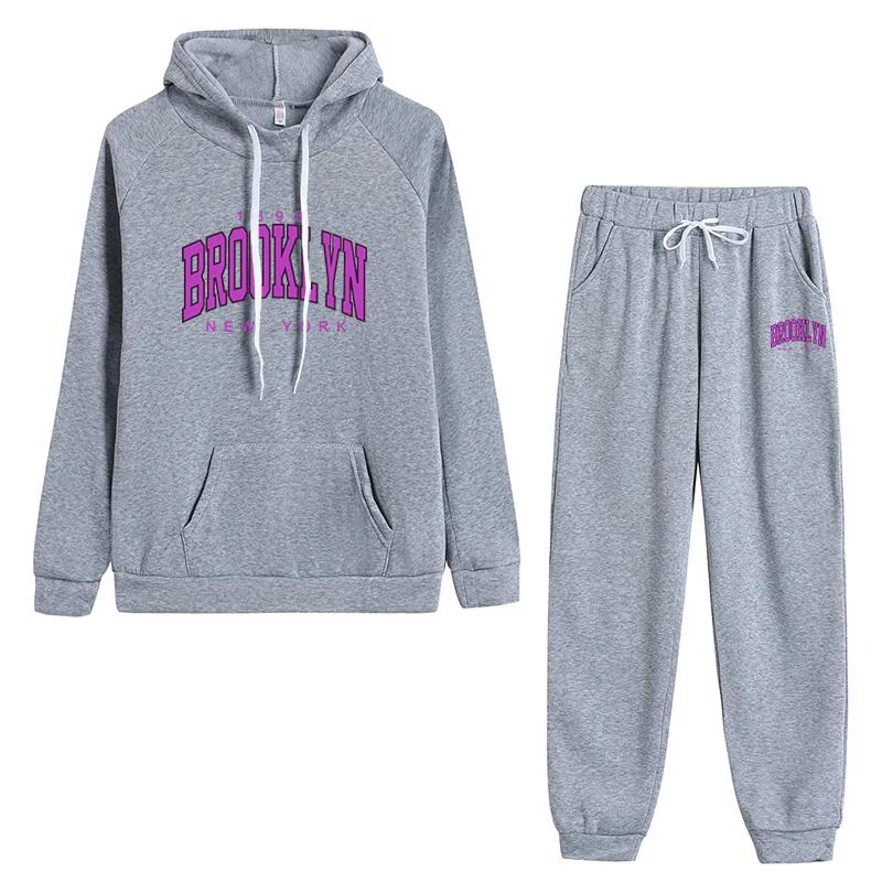 

Purple Brooklyn Printed Hoodies and Sweatpants Women s Autumn Winter Casual Sports Jogging Suit Girls Urban Fashion Warm Outfits 3XL