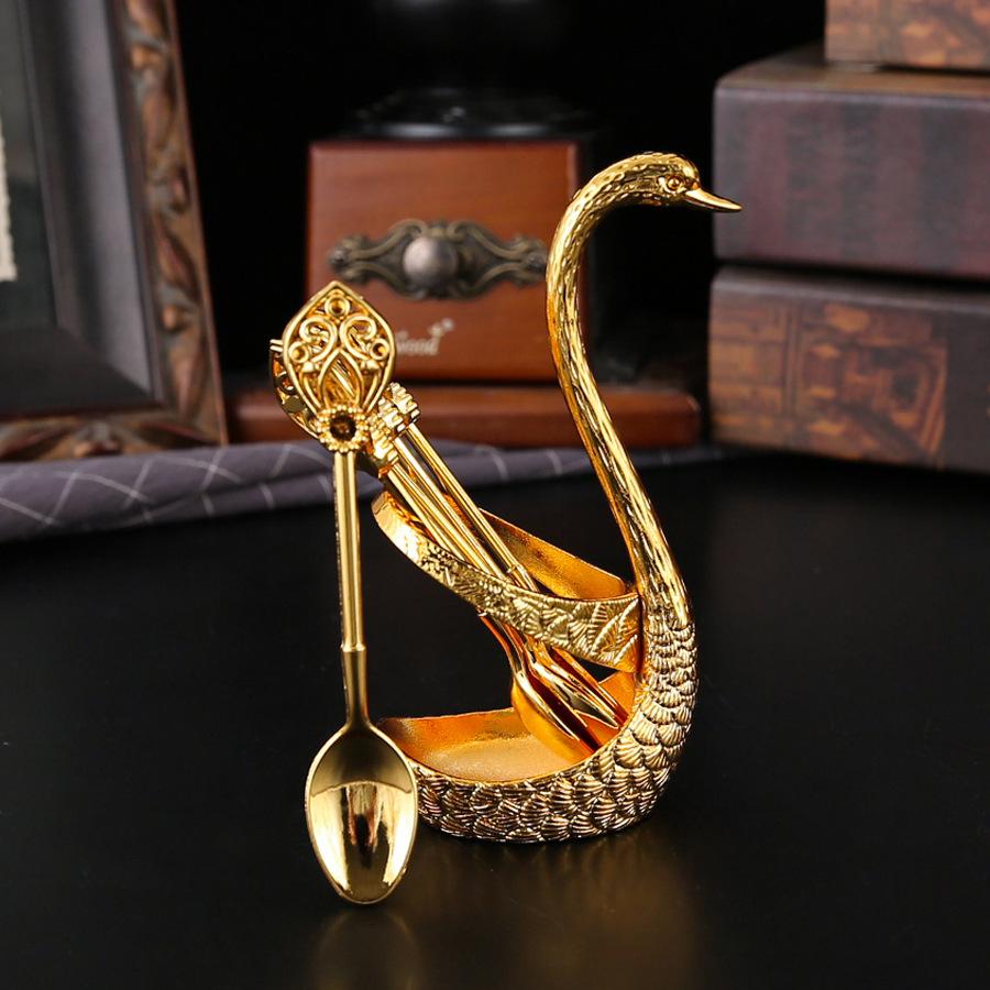 Vintage Swan Holder 6Pcs Dessert Coffee Spoon Set European Style Metal Cutlery Gold Silver Small Tea Spoon Home Table Decor Gift