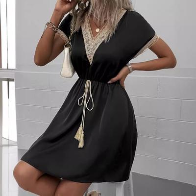 Solid Color Short Sleeved Lace V-neck Waist Cinched Dress