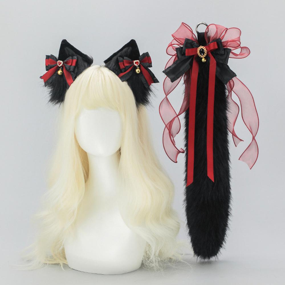 2 stuks/set Wolf Kattenoor Haarband Pluche Dier Vosstaart Tas Accessoires Cosplay Kostuum Handgemaakte Dierenoortjes Staart Taille Accessoires 1 set black