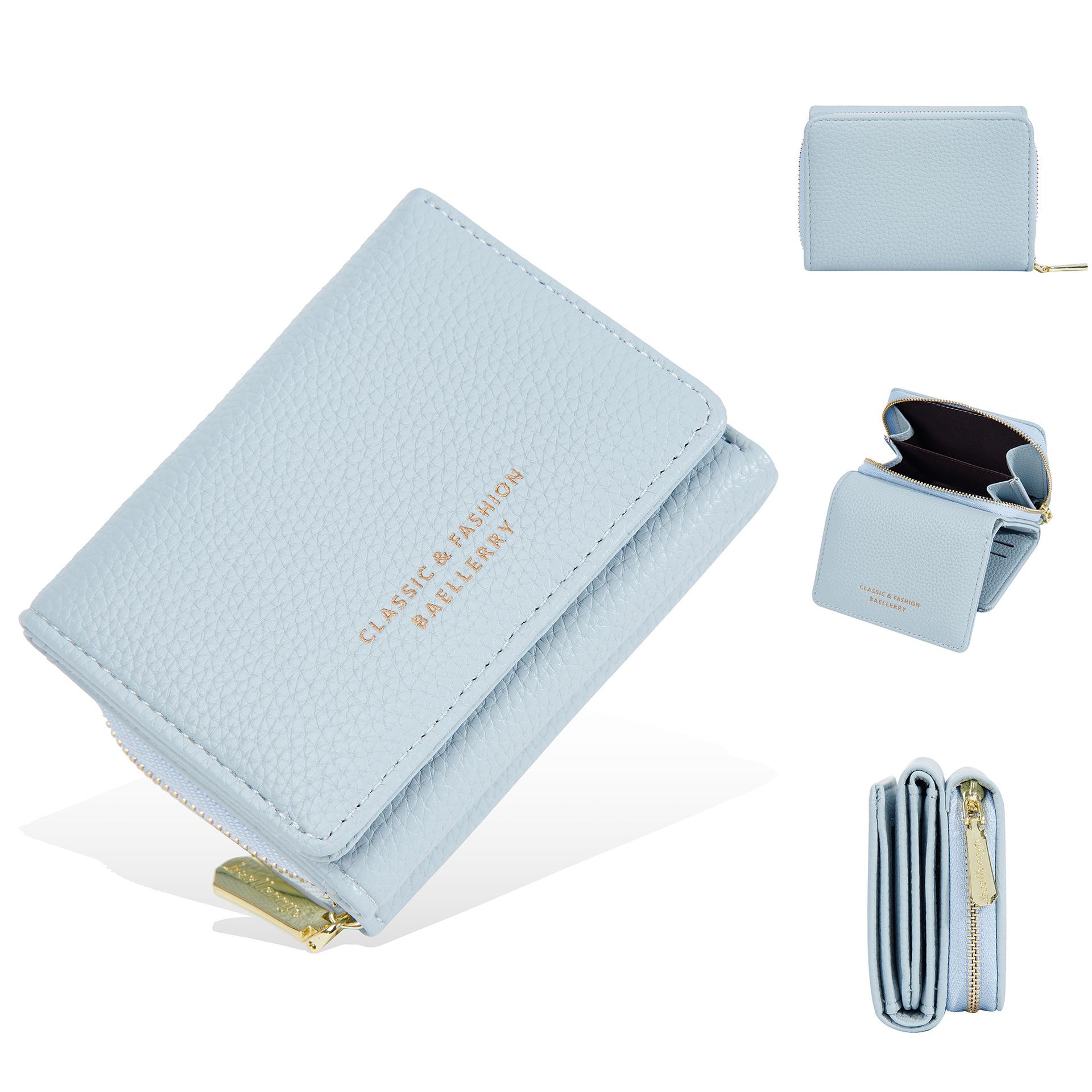 

Женский кошелек Baellerry тройного сложения: Узор личи, молния, держатель для карт и монет. светло-синий