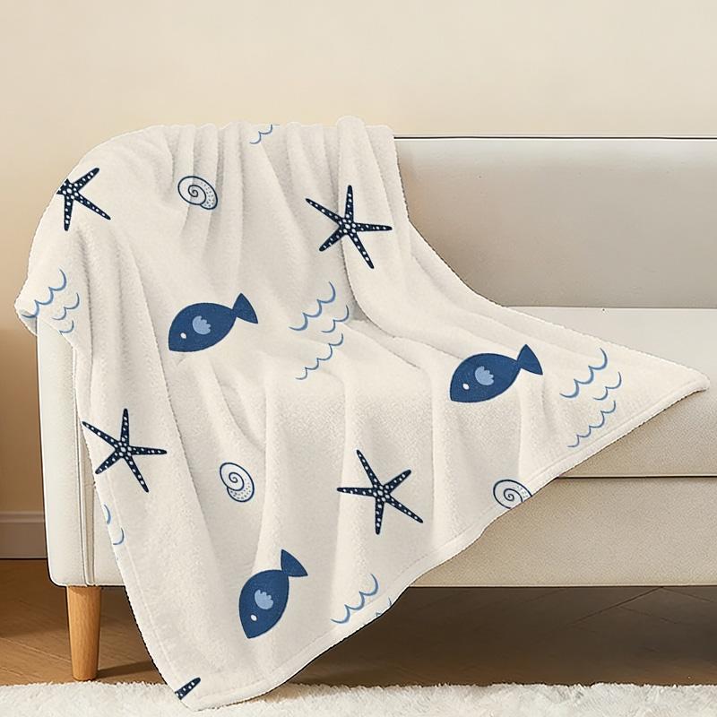 Thick Warm Flannel Blanket, Ocean Theme Cute Fish & Starfish Design, Soft Cozy Single Throw Blanket for Home/Guest Room, Christmas & Halloween