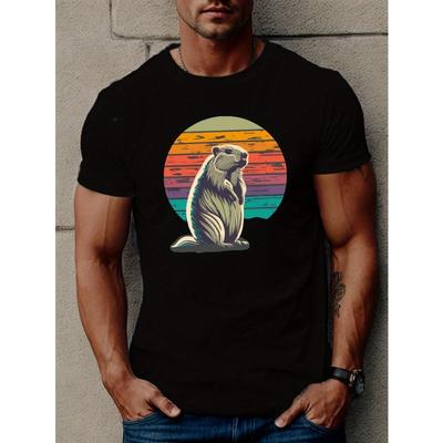 Taglie Europee T-shirt Casual da Uomo a Maniche Corte con Design Orso Geometrico - Poliestere Traspirante, Girocollo, Lavabile in Lavatrice -