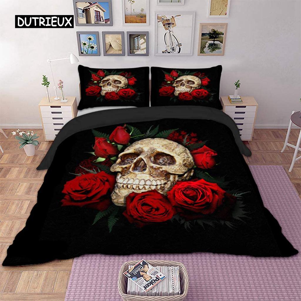Sugar Skull Comforter Cover Set Teen Girl Bedding Set,Sugar Skull Decor Bedding Skull Roses Floral Print Duvet Cover Set