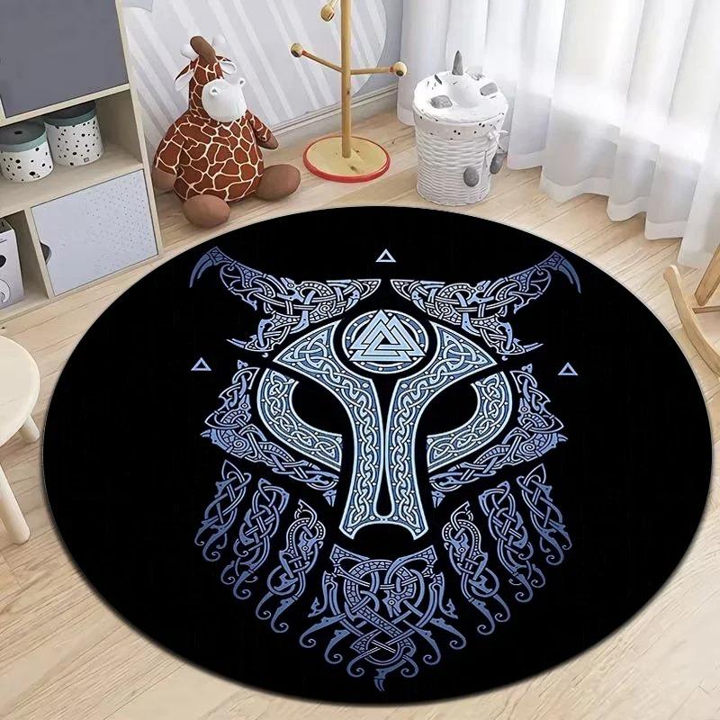 Viking Inspired Round Rug with Norse Symbols and Celtic Patterns Floor Mat for Nordic Decor Adding Mystic Ancient Charm