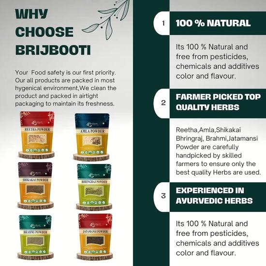 Birju Mahavir Reetha, Amla, Shikakai, Bhringraj, jatamansi, brahmi 100 gram each, Natural, COMBO 1 (BMKB-104)