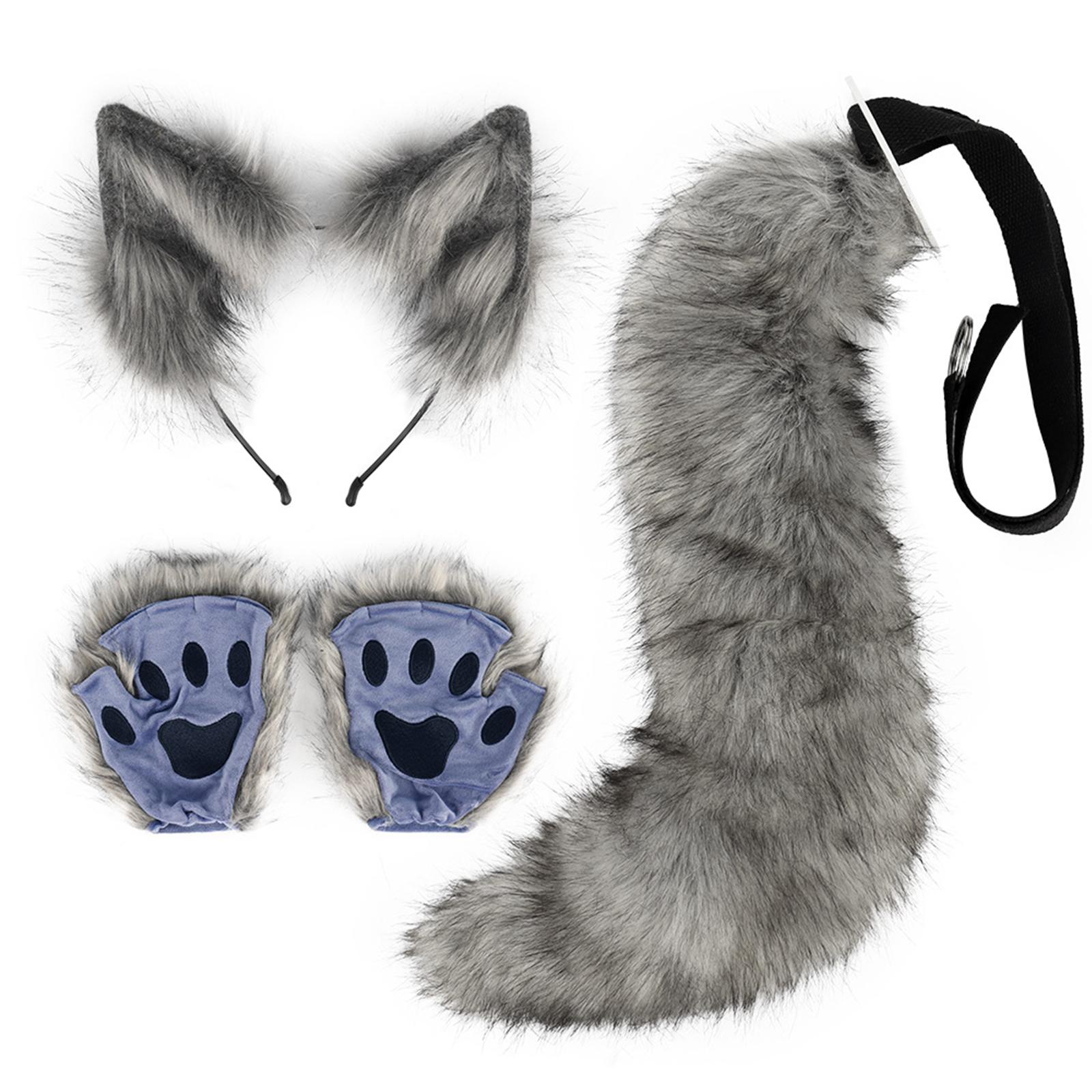 Faux Fur Cat-Foxes Ears Headband with Tail Set Fox Tail,Foxes-Cat Ears Fox Paw Gloves Tail Halloween Cosplay-Props 3