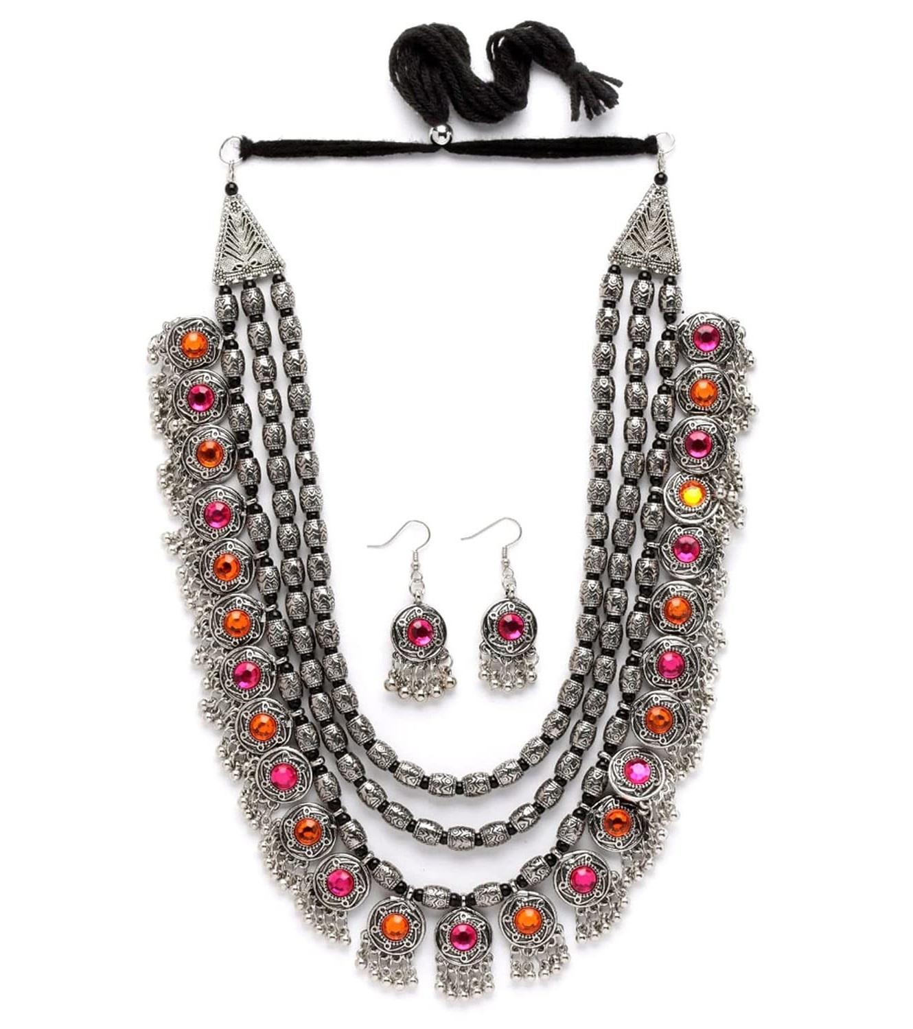 

Последний стильный модный этнический набор украшений-ожерелья из окисленного серебра для женщин, многоцветный, один, чистое серебро, без драгоценных камней Onesize