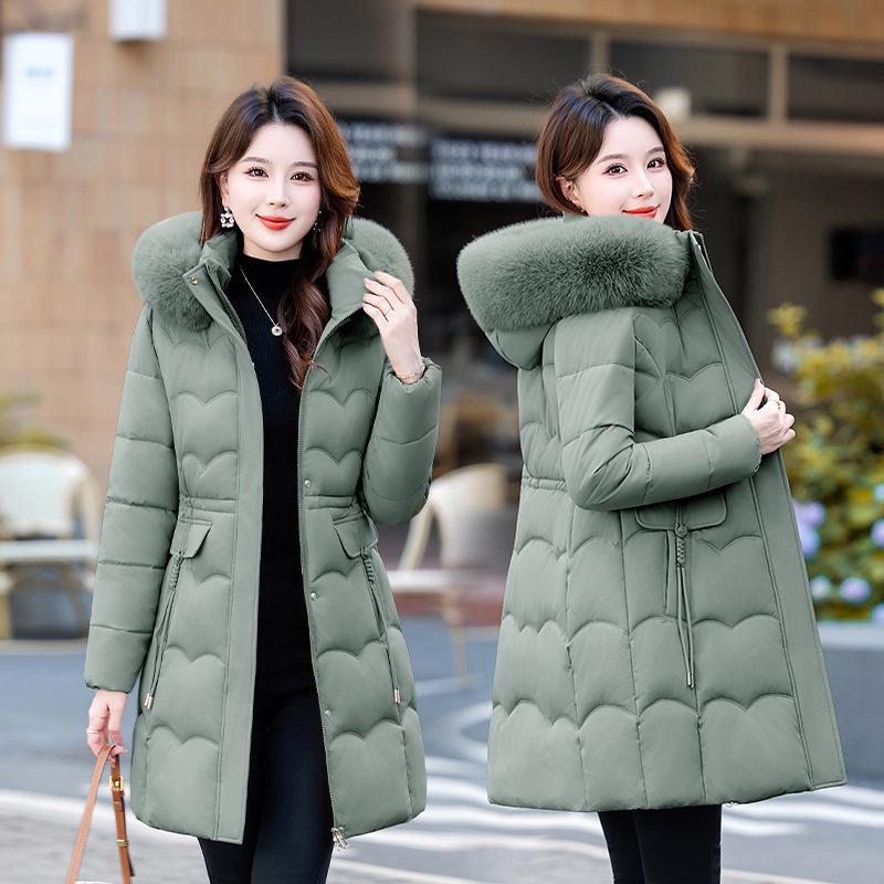 Women's Mid-Length Winter Fur Collar Hooded Cotton Jacket - Fashionable Slimming Warmth