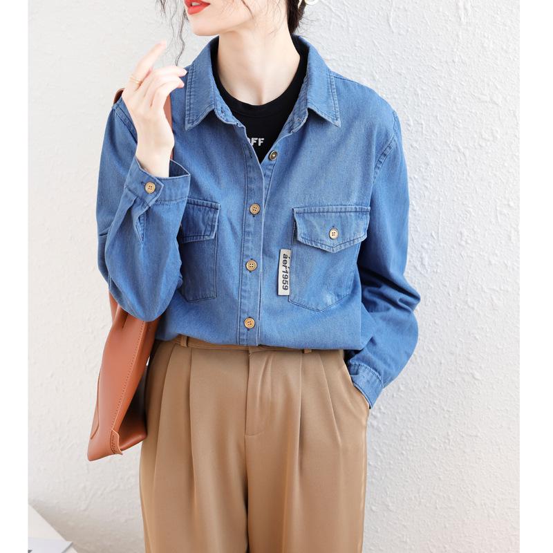 

Женская джинсовая куртка-рубашка с многослойным дизайном в корейском стиле 2024 года - Свободный крой, Приталенный силуэт для весны и осени Large синий