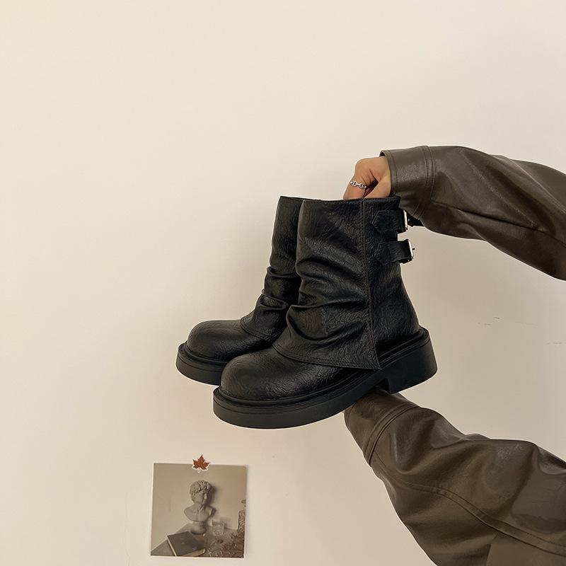 

British retro design pleated leather boots slim short boots autumn and winter muffin thick-soled trousers women s knight boots 35 чёрный