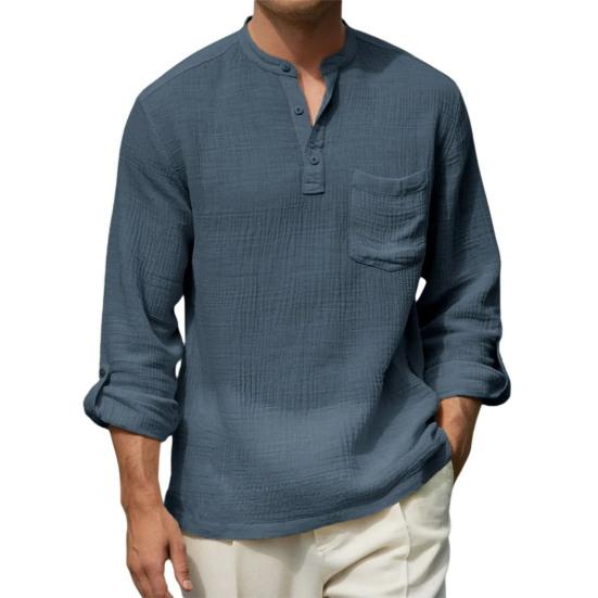 Chemise en Coton et Lin pour Homme à Manches Longues et Col Mao avec Poche sur la Poitrine Couleur Unie Chemise Décontractée de Vacances pour Voyage Été Plage Vacances Usage Quotidien