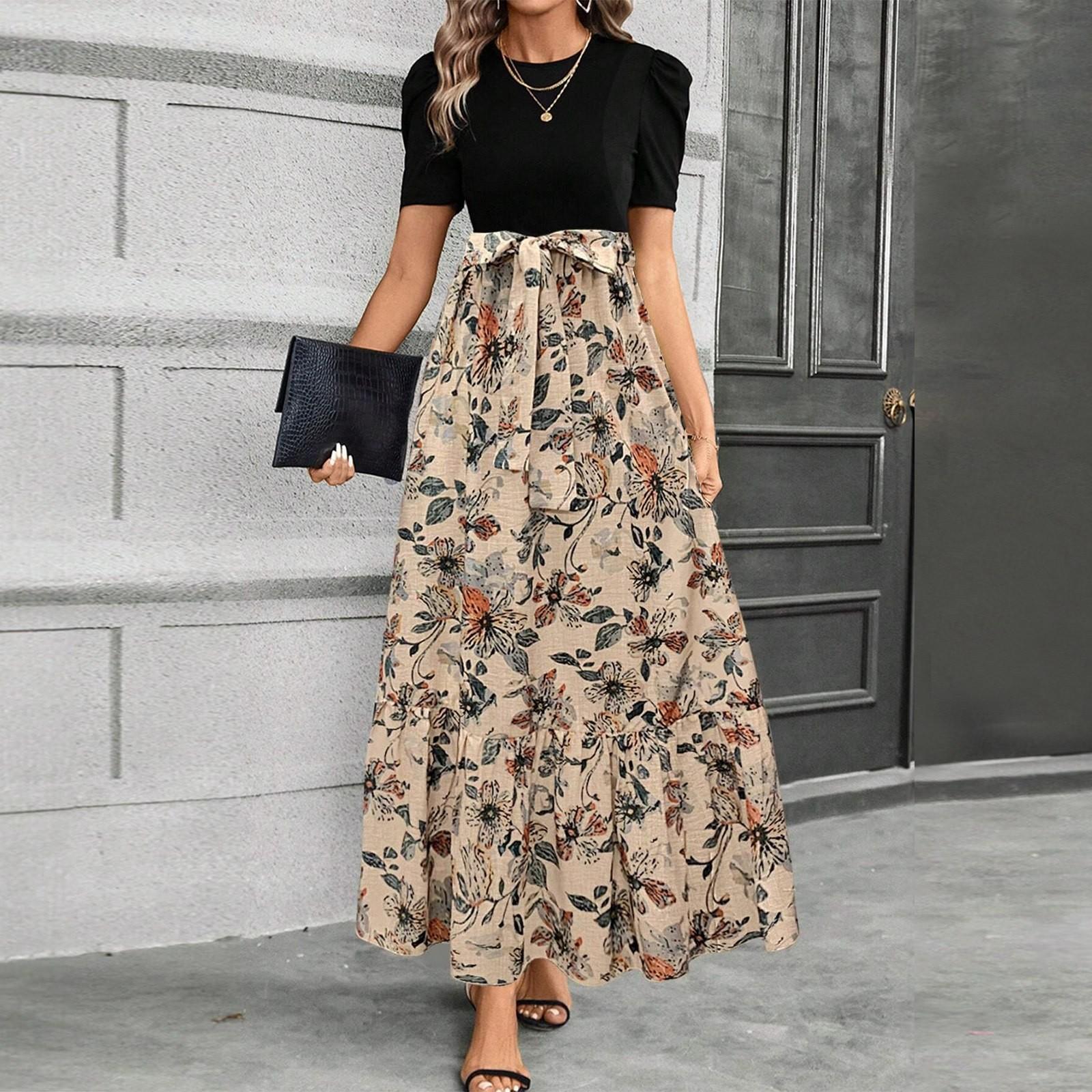 

Женское платье с цветочным принтом и высокой талией, модное и элегантное L чёрный