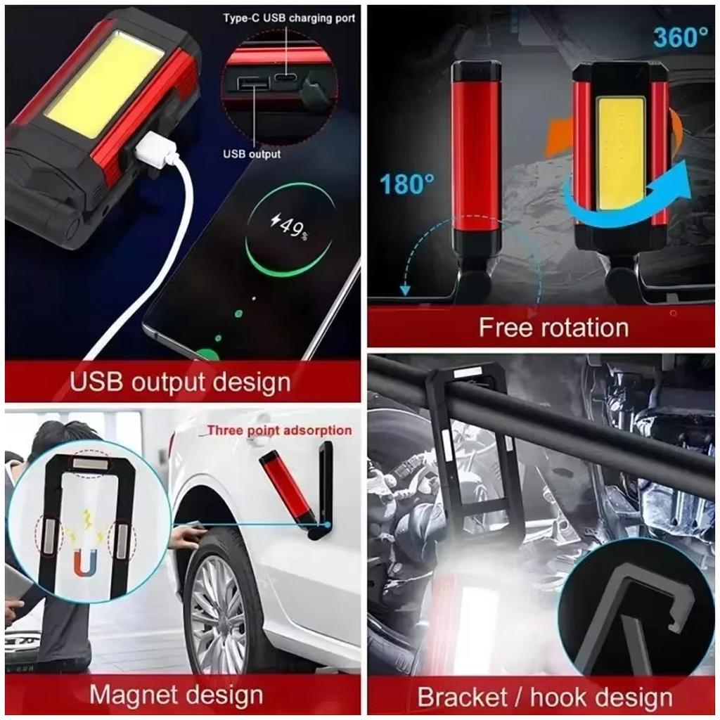 Led Work Light 10w Foldable Rechargeable Magnetic Flashlight Waterproof Flashlights Usb-cob Lamp With Hook Outdoor 6500k Lantern