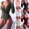 Sexy Women Short Bodysuit Deep Plunge V-Neck Lace Up Tie Front Stretch Playsuit Leotard Jumpsuit
