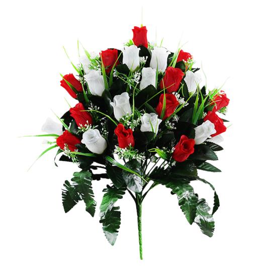 Artificial Cemetery Flower 24 Heads Faux Silk Rose Bush Memorial Rose Flower Bouquet for Headstones Gravesite Vase