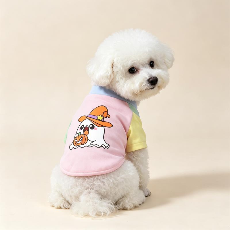Halloween Cute Ghost Print Pet T‑Shirt Cats & Dogs Soft Cotton Clothes Outfit For Bichon French Bulldog Holiday Party Costume