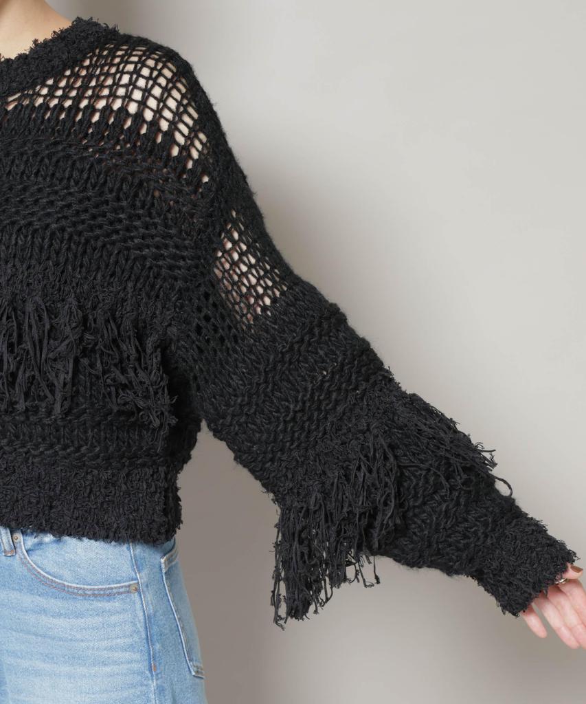 Nano Universe F 031 Mixed Material Border Fringe Knit Women's Pullover, Off-White, 669-5222326