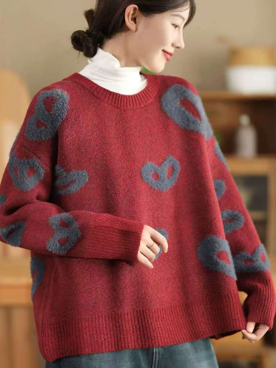 

Johnature Модный свободный свитер с длинными рукавами и круглым вырезом, женский зимний повседневный свитер в стиле ретро в китайском стиле One Size чёрный