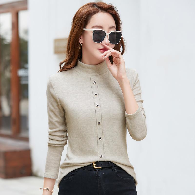 

Весенне-осенняя женская блузка с тонкими пуговицами, однотонная рубашка с длинным рукавом, туника с коротким рукавом и высоким воротом 3XL легкие хаки