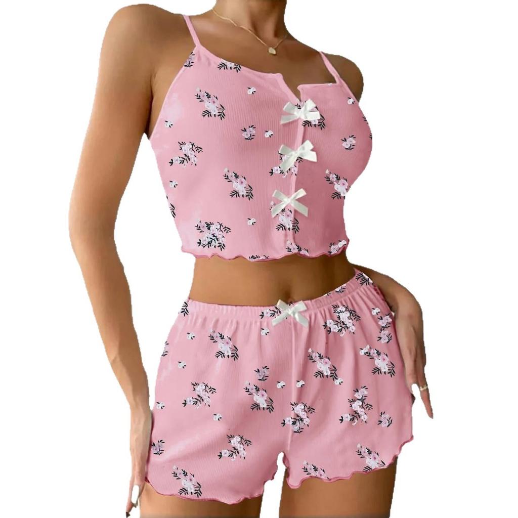 European Floral Bow Design Strappy Shorts Pajama Set