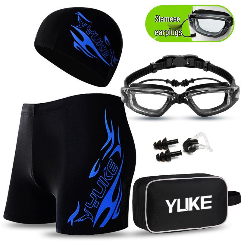 Men's Plus Size Swim Trunks with Flat Leg and Swim Gear Set (Includes Goggles and Cap)