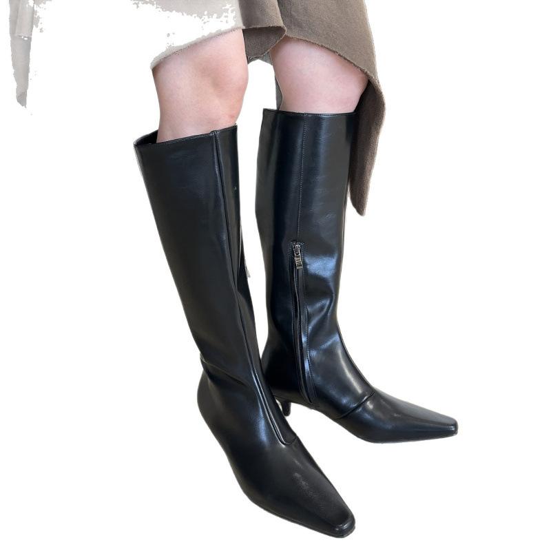 Comfortable cowhide small slope heel knight boots 2025 autumn and winter new low heel small square head sleeve high boots children