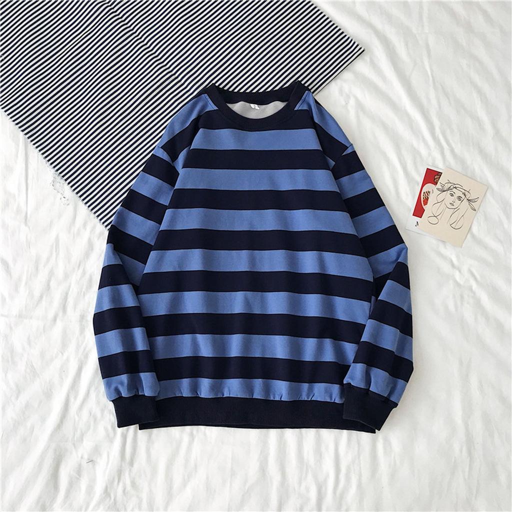 Men's Autumn Winter Round Neck Stripe Sweatshirt Pullover Tops Long Sleeved