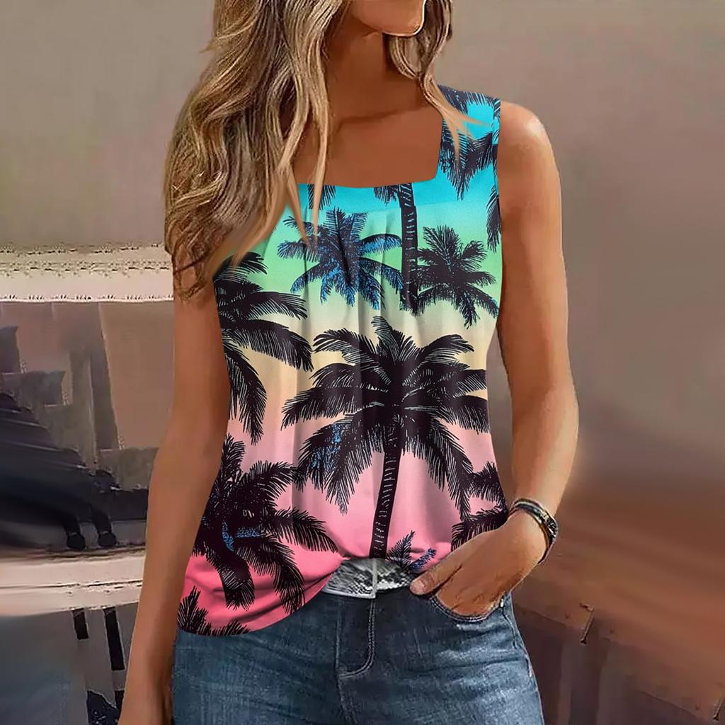 Damen Sommer Casual Plissee Quadratischer Ausschnitt Ärmelloses Tank Top Bedrucktes T-Shirt