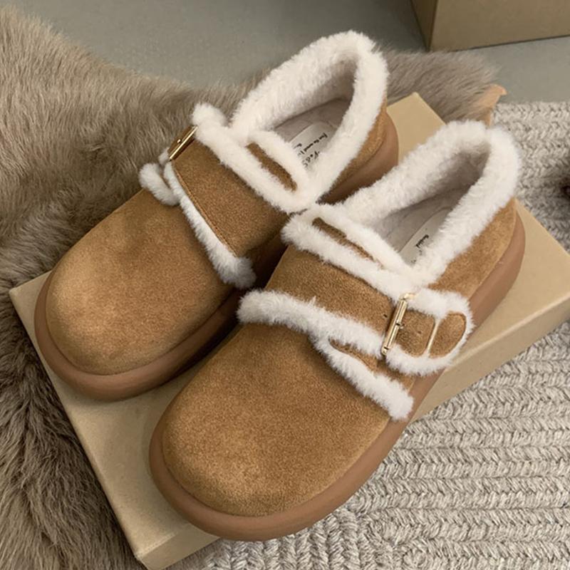 Fur Flats Women Loafers Shoes Suede Platform Buckle Casual Shoes Short Plush Boots 2024 Trend Winter Warm Cozy Zapatillas Ladies