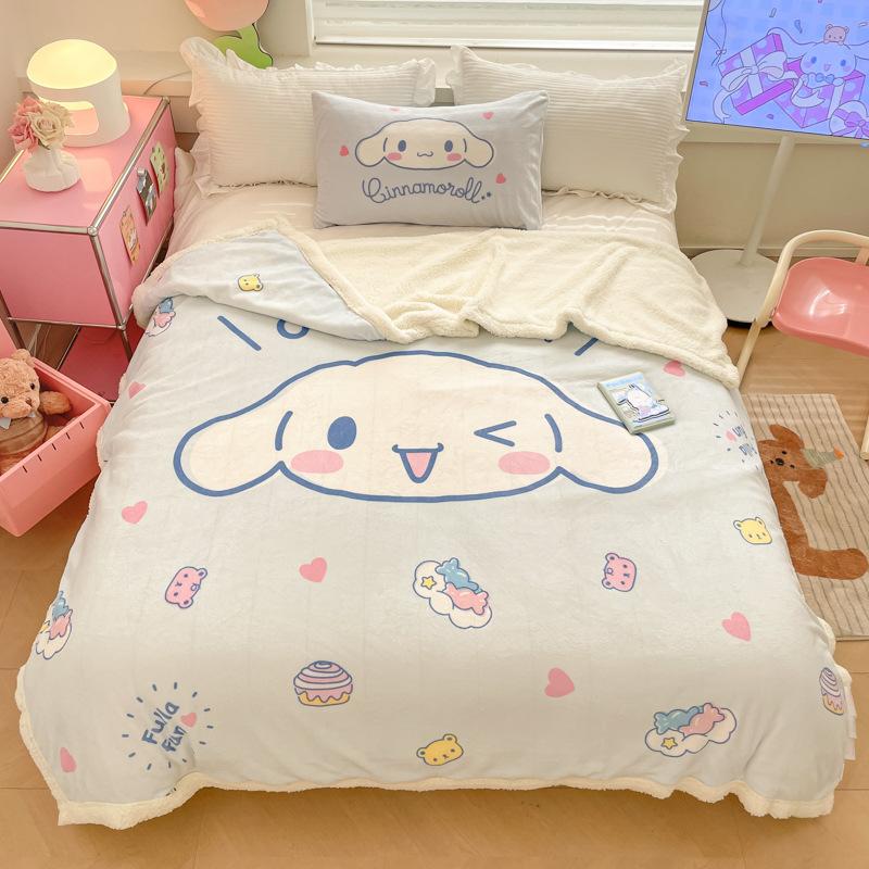 Throw Blanket Hello Kitty Melody Cinnamoroll Large Cartoon Lamb Fleece Double-Layer Thickened Milk Fleece Blanket Plus Velvet