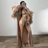 1011 European and American imitation silk high-end feather robe underwear shorts pajamas women's autumn and winter three-piece loungewear women's