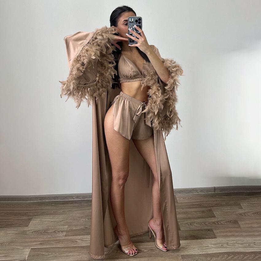 1011 European and American imitation silk high-end feather robe underwear shorts pajamas women's autumn and winter three-piece loungewear women's