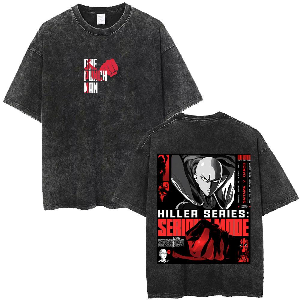 Japanese Anime One Punch Man Vintage Washed T-shirt Manga Zombieman Graphic T Shirt Fashion Casual Oversized T-shirts Unisex