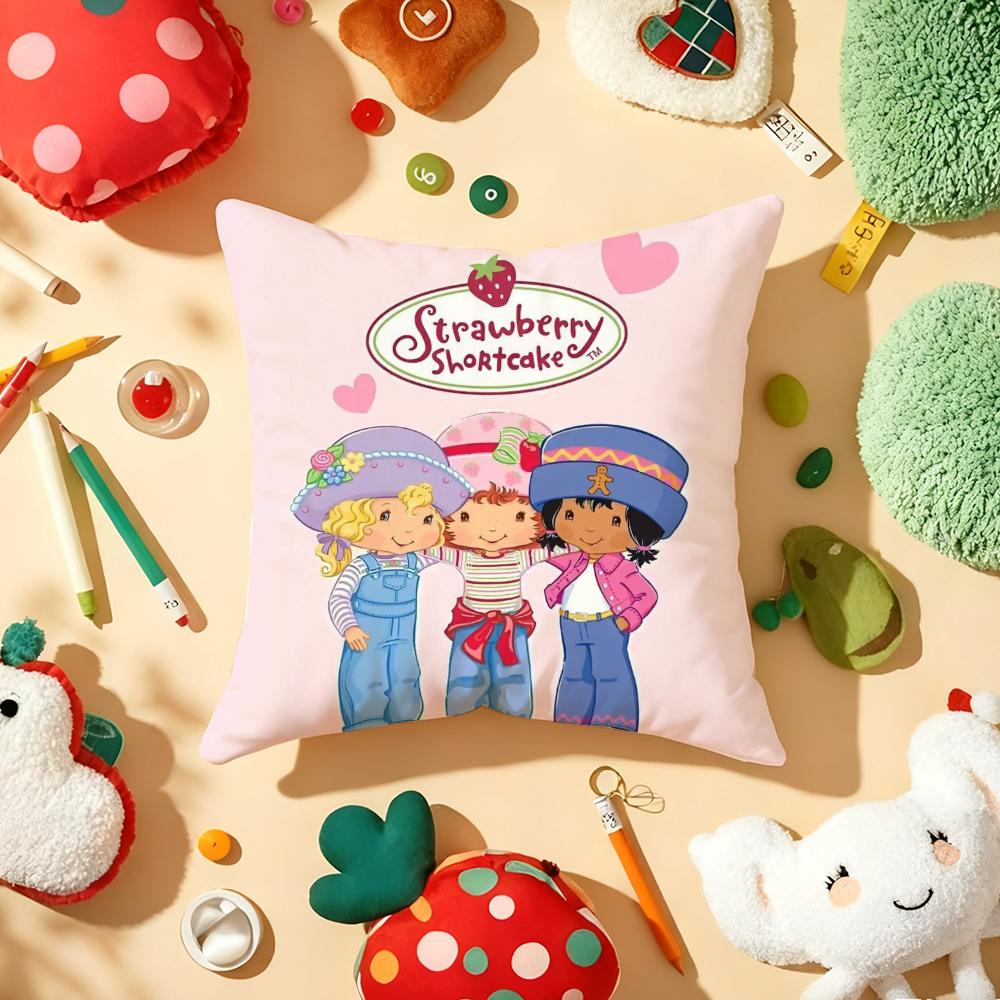 Strawberry S-Shortcake Girl Cushion Cover Plush Fabric Soft Double-Sided Printed Sofa Warm Winter Home Gift Pillow Cover