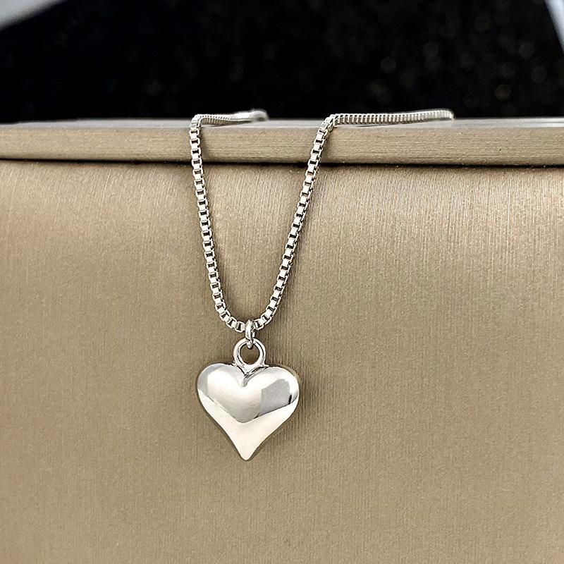 Silver Plated 3D Heart Pendant Necklace & Hoop Earring Jewelry Set, Minimalist Box Chain Set for Women