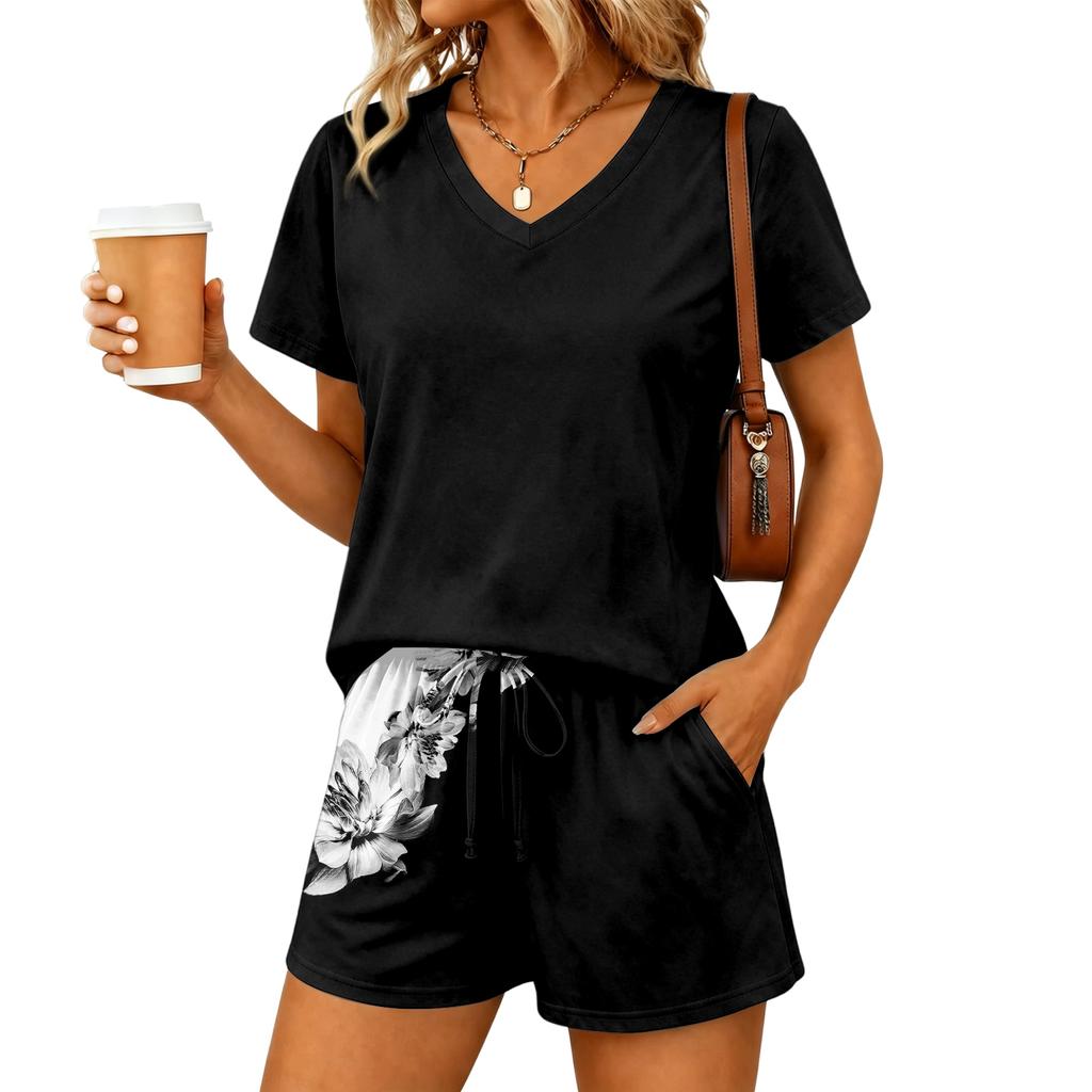 Women's Two Piece Set V Neck Short Sleeve Top and Floral Print Shorts Casual Lounge Wear Summer Outfit