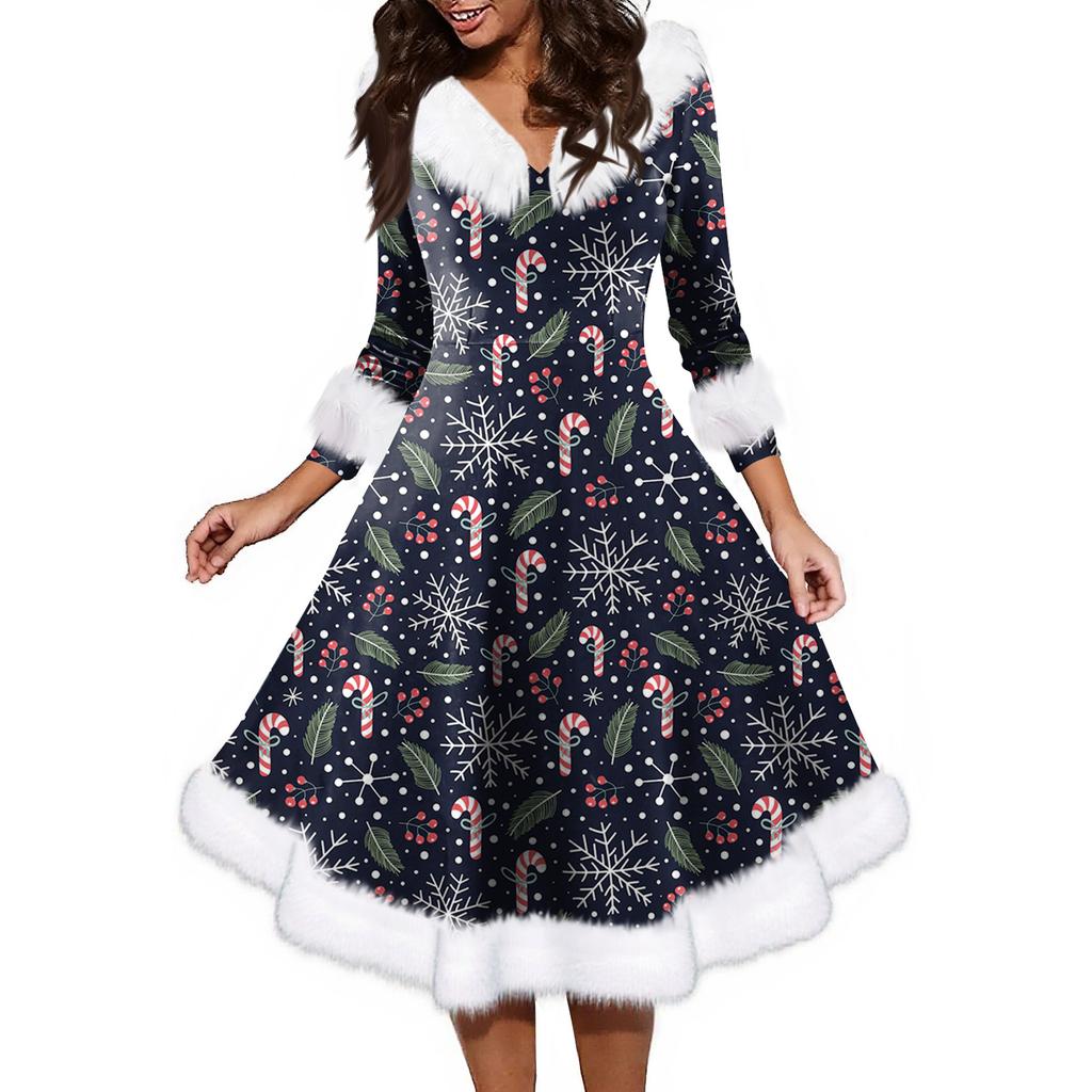 Women's Fashion V-neck Casual Fit Christmas Print Party Long Sleeve Dress