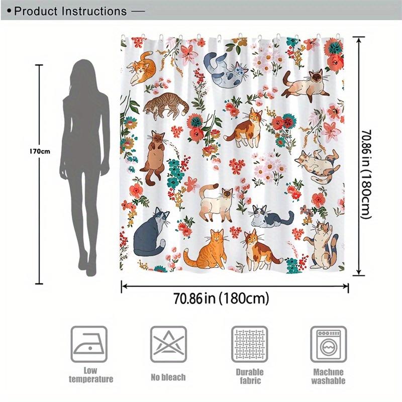 1pc Whimsical Playful Cats & Floral Shower Curtain - Cartoon Cats of Various Breeds in Vibrant Colors with Soft Pastel Flowers,
