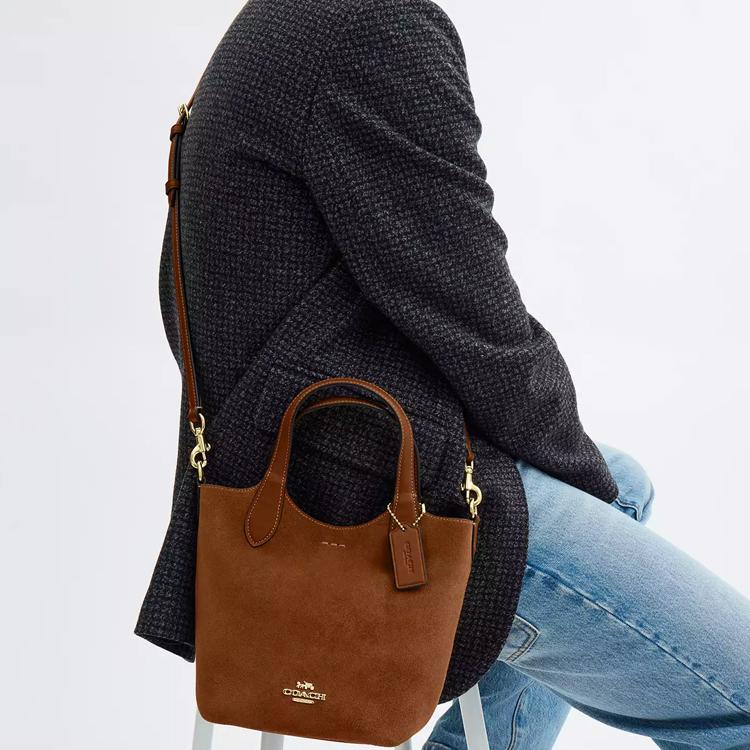 Coach Hannah 18 Metallic Logo Magnetic Closure Suede Shoulder Crossbody Bag Small Women handbags Brown CW006-IMXAF