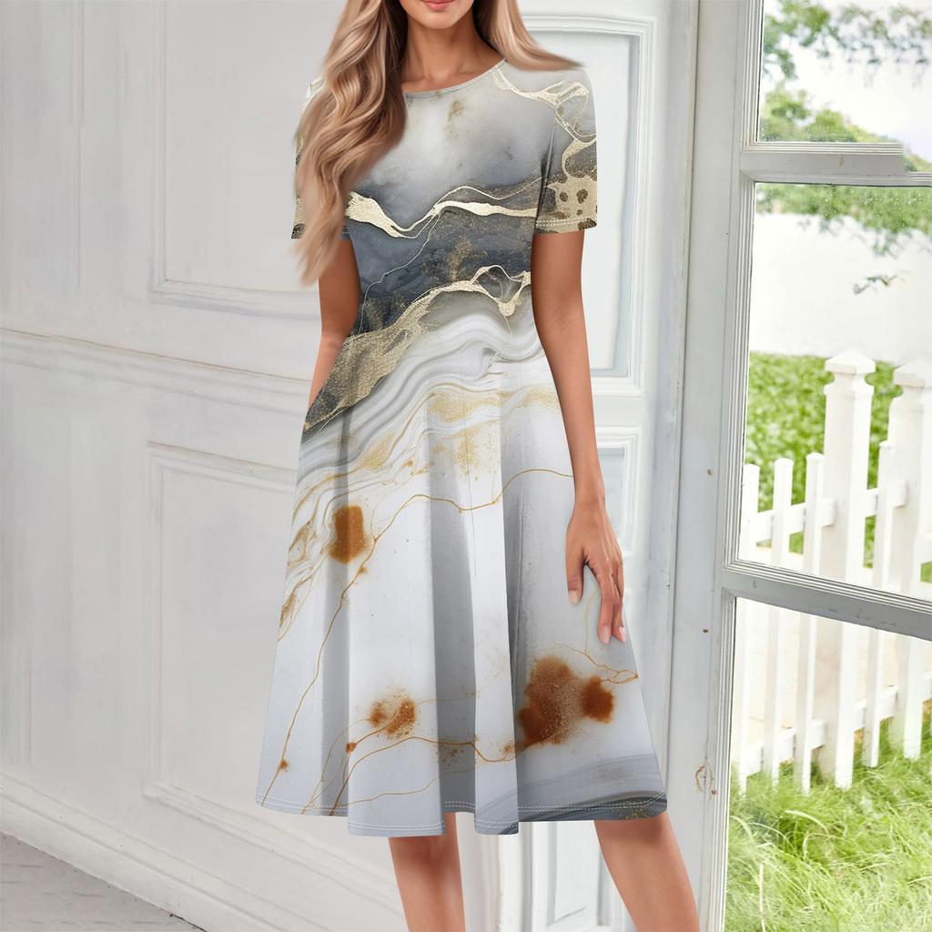 Abito lungo casual stampato da donna con scollo rotondo