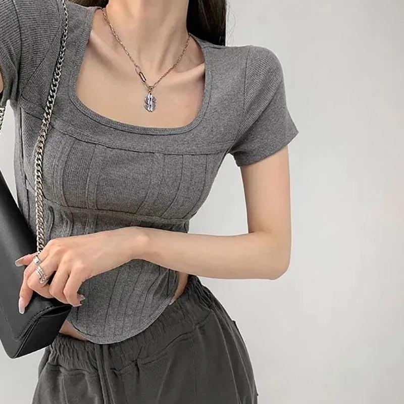 

Летняя яркая черная, белая, серая футболка, женские тонкие укороченные топы с квадратным вырезом и короткими рукавами, женские повседневные футболки M серый