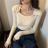 Herbst Lange Ärmel Stricken Tops Mode Taste Dekoration Quadrat Kragen Pullover Koreanische Einfarbig Slim Fit Pullover Frauen 28523